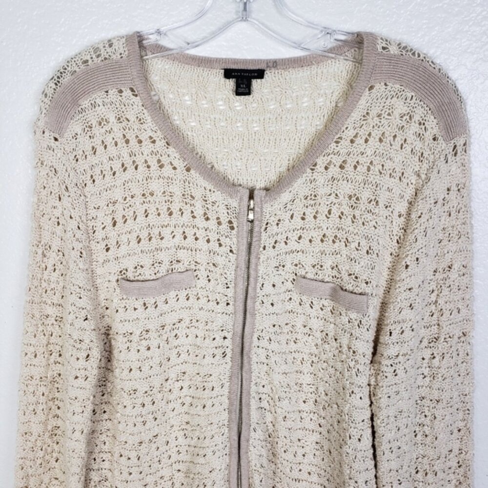 Ann Taylor Crochet Full Zip Cardigan Sweater Open Knit size XL Bohemian Preppy - Picture 3 of 12